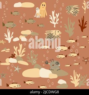 multicolored starfish and crabs on rocks seamless pattern without background Stock Vector