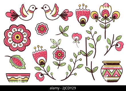 Vector set elements. Pattern design in the styles of Ukrainian folk traditional embroidery. Hand draw flowers elements, foliage and birds Stock Vector