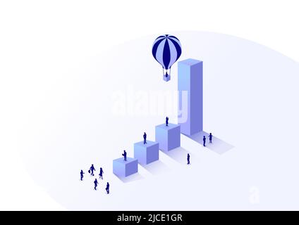 Vector illustration of an increasing bar chart and a hot air balloon rising. Business concept of hyper growth in a business or market. 3d isometric il Stock Vector