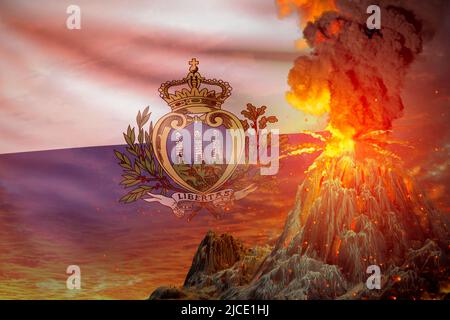 stratovolcano blast eruption at night with explosion on San Marino flag background, suffer from disaster and volcanic earthquake conceptual 3D illustr Stock Photo