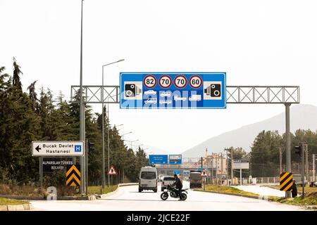 Highways electronic speed control sign in Turkey Stock Photo