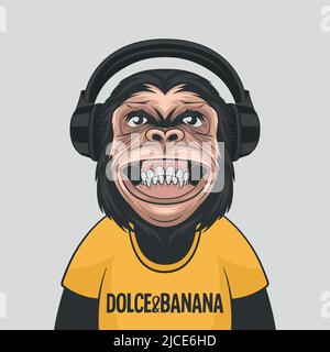 Vector Funny Smiling Chimpanzee Ape with Headphones. Happy Monkey for Wall Art, T-shirt Print, Poster. Cartoon Cute Chimp Monkey Stock Vector