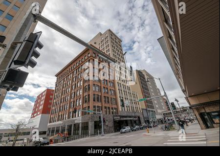 Duluth, Minnesota, USA – May 31, 2022:  Historic high-rise buildings in the downtown district Stock Photo