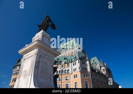 Samuel de Champlain monument and Chateau Frontenac in spring, Upper Town, Old Quebec City, Quebec, Canada. Stock Photo