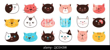 Cat head emotion cartoon character set. Cute kitten kawaii faces line icon. Smiling cats funny childish baby doodle flat sticker. Isolated clipart illustration print template for card, poster, cover Stock Vector