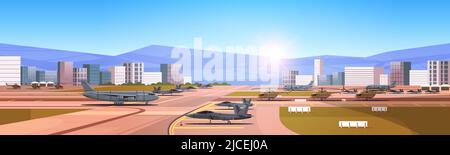 jet-powered strategic bomber planes special battle transport on military airport runway and aviation control point Stock Vector
