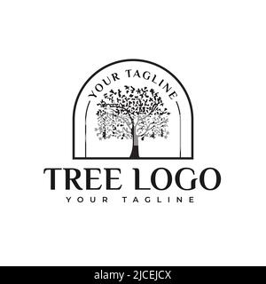 Vintage label logo template design illustration with tree Stock Vector
