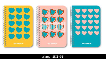 Modern contemporary covers with shadow set. For books design, brochures, notebooks, planners and catalogs. Hearts with line unusual shapes in different colors. Vector illustration. Stock Vector