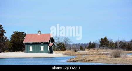 STONY BROOK, NEW YORK - 1 APR 2015: Gamecock Cottage at the West Meadow Wetlands Reserve, on Long Island. Stock Photo