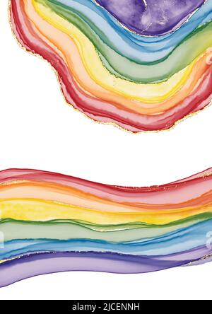 Set of Rainbow and Gold design elements isolated on white background. Alcohol ink, watercolor style, LGBTQ community pride concept. Stock Vector