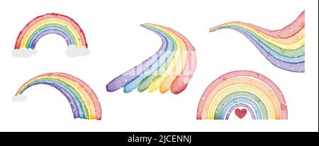 Set of Rainbow and clouds design elements isolated on white background. Alcohol ink, watercolor style, LGBTQ community pride concept. Stock Vector