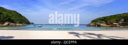 Panorama view of the beach at Racha Island, Phuket, Thailand, in the Andaman Sea, during the day, beautiful turquoise water, calm atmosphere, many boa Stock Photo