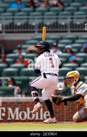 Atlanta Braves second basemen Ozzie Albies (1) gets injured while batting  during an MLB regular season game against the Los Angeles Dodgers, Tuesday  Stock Photo - Alamy