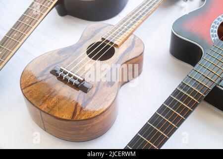 Cebu made guitars of different colors and sizes at a stall in Lapulapu City. The island province is known for its world class guitar industry. Stock Photo