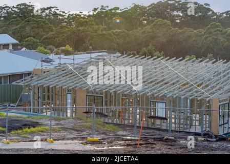 A new timber frame home or house being constructed in residential development in New South Wales, Australia Stock Photo