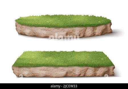 Land pieces with green grass realistic vector illustration. Trimmed round and square park or garden plots with soil and plants, perspective view isolated on white background Stock Vector