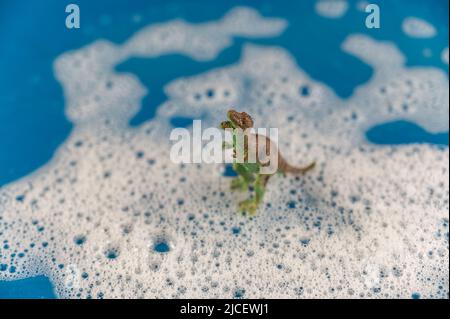 The dinosaur figurine stands in soapy foam. Green predator against a colored background. Bubbles of white detergent foam on the blue surface. Shampoo Stock Photo