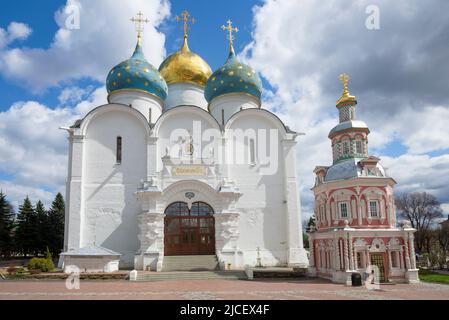 Ancient Cathedral of the Assumption of the Blessed Virgin Mary (1585) close-up on an April afternoon. Trinity Sergius Lavra. Sergiev Posad Stock Photo