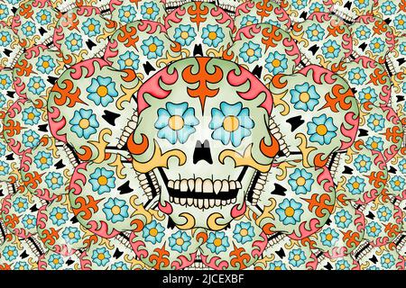 Hand sketched Day Of The Dead psychedelic skull background, wallpaper, colour illustration. Stock Photo