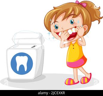 Cute girl cartoon character flossing teeth illustration Stock Vector