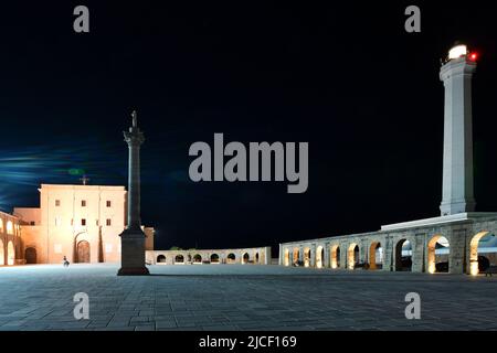 Night view of the square and the cathedral dedicated to Saint Mary of Leuca, patron saint of the historic town in the province of Lecce, Italy. Stock Photo