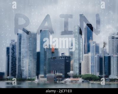 Rain drops on glass with city background. Window view with raining outside. Drops on glass and bokeh from city. Out of focus cityscape behind the wind Stock Photo