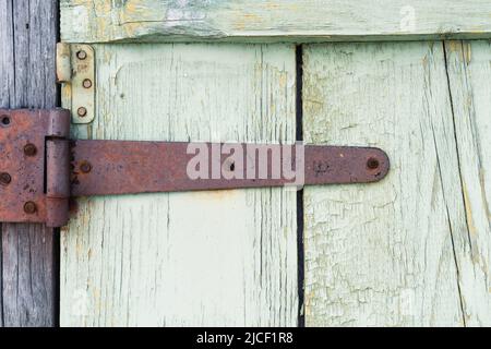 Ancient wooden door background. Fragment of old gate with remnants of green paint and rusty hinges Stock Photo