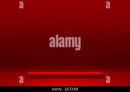 Red platform for showing product. Empty podium or pedestal display on red background with stand concept. Blank product shelf standing backdrop. Produc Stock Photo