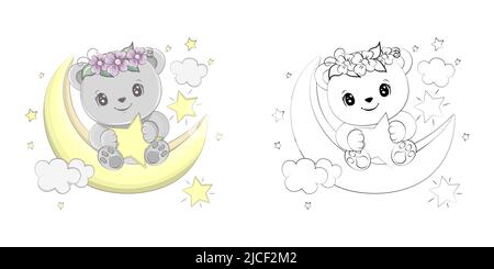 Bear Clipart Multicolored and Black and White. Beautiful Clip Art Bear on the Moon with a Star. Vector Illustration of an Animal for Prints for Stock Vector