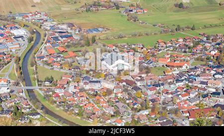 Oberammergau, Germany - Oct 31, 2021: High angle view on Oberammergau. With the theatre of the world-famous Passion Play in the middle. Stock Photo