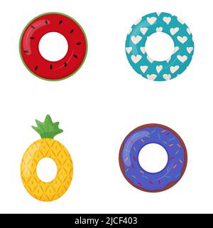 Collection of rubber swimming rings with cake, avocado, pineapple, watermelon and other ornaments painting on it. Life saving floating lifebuoy for be Stock Vector