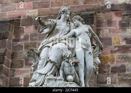 Donaueschingen, Germany - Nov 22, 2021: Sculpture at the spring of river Danube: Mother Baar shows her daughter Danube the way. Stock Photo