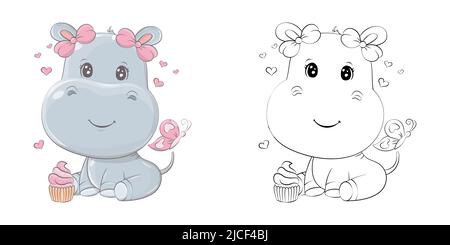 Clipart Hippo Multicolored and Black and White. Cute Clip Art Hippopotamus with Cupcake. Vector Illustration of an Animal for Stickers, Baby Shower Stock Vector