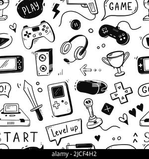 Video game hand drawn doodle seamless pattern. Video gamer console, joystick, controller element. Computer retro, arcade play background, wallpaper, pattern. Vector illustration. Stock Vector