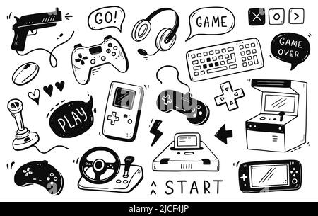 Video game hand drawn doodle set. Video gamer console, joystick, controller element. Computer retro, arcade play background. Vector illustration. Stock Vector