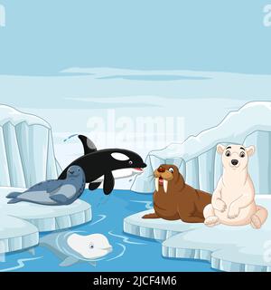 Cartoon arctic animals in arctic scenery background Stock Vector