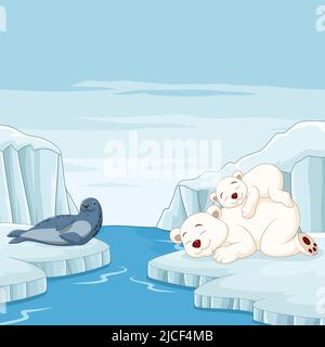 Cartoon mother and baby polar bear sleeps with seal in arctic background Stock Vector