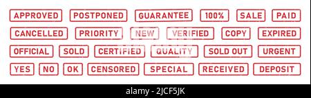 Grunge words approved, postponed, paid rubber stamps. Cancelled, priority, verified, certified sign sticker set. Grunge red vintage square label Stock Vector