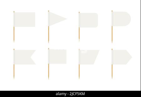 Toothpick flags. Blank flag on wooden stick. Wood toothpick with white paper banner for food and cocktail decoration. Different forms of pennant Stock Vector