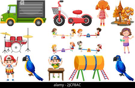 Set of cute kids and objects illustration Stock Vector