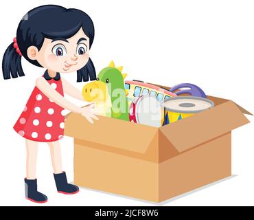 A girl putting her toy into the box illustration Stock Vector