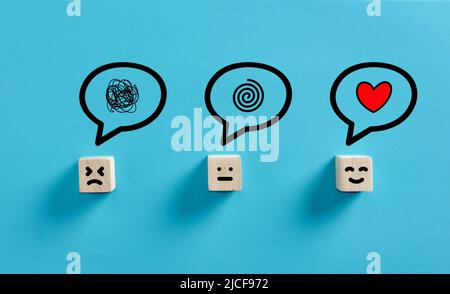 Customer feedback and satisfaction concept. Happy, sad and neutral faces with negative and positive feedback. Stock Photo