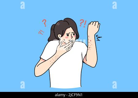 Confused young woman frustrated with red spots or marks on body. Shocked girl having rash or dermatitis on hands and face. Healthcare and allergy problem concept. Vector illustration.  Stock Vector