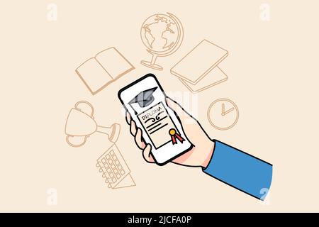 Person holding cellphone with virtual diploma graduate university on web. Student finish online studying or courses. Remote education concept. Flat vector illustration.  Stock Vector