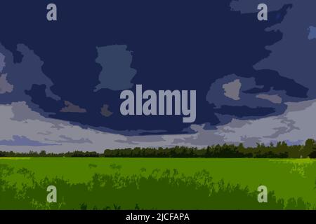 Abstract illustration of a large rain cloud over a grain field in summer Stock Photo