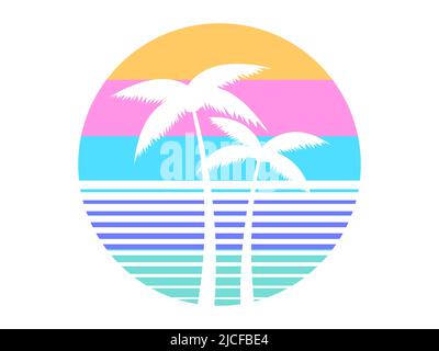 Contours of palm trees at sunset in the style of the 80s. Palm trees and colorful sun isolated on white background. Design for printing advertising ba Stock Vector