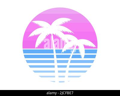 Contours of palm trees at sunset in the style of the 80s. Palm trees and colorful sun isolated on white background. Design for printing advertising ba Stock Vector