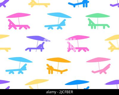 Chaise lounges with umbrellas seamless pattern. Summer vacation, sunbathing. Sun lounger on the beach. Design for banners, posters and beach advertisi Stock Vector