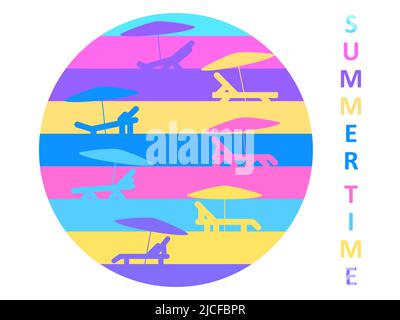 Sun loungers with umbrellas pop art style. Summer time, sunbathing. Sun lounger on the beach. Design for banners, posters and beach advertising. Vecto Stock Vector