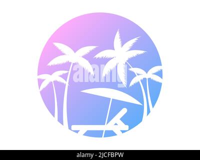 Chaise lounge outline with palm trees in the style of the 80s. Palm trees and deck chair at gradient sun isolated on white background. Design for bann Stock Vector